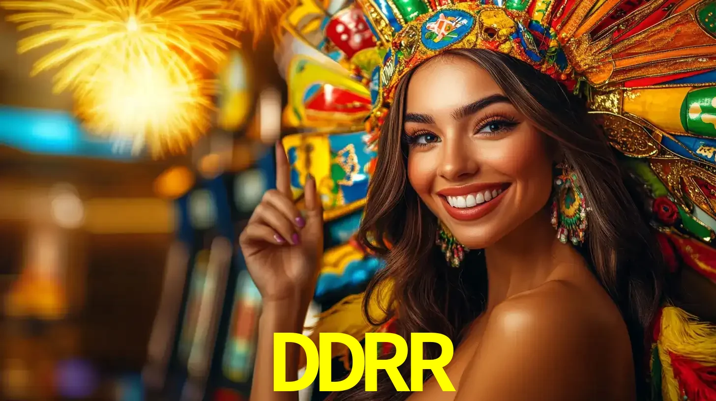 Mulher sorridente com um cocar de carnaval vibrante e colorido, celebrando uma grande vitória nos jogos do cassino DDRR com fogos de artifício ao fundo.