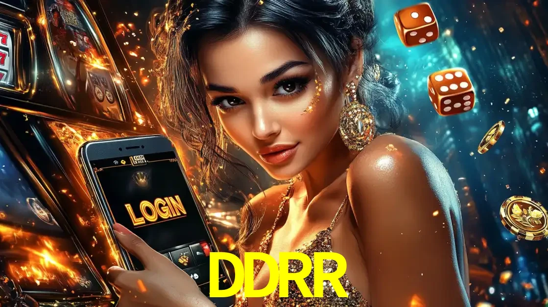Mulher glamourosa segurando um celular com a tela de login do cassino DDRR, rodeada por dados e moedas douradas, pronta para começar a diversão.