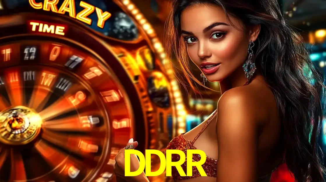 Mulher ao lado da roda de prêmios do jogo de cassino ao vivo Crazy Time, um dos shows de jogos mais emocionantes oferecidos pela plataforma de apostas DDRR.