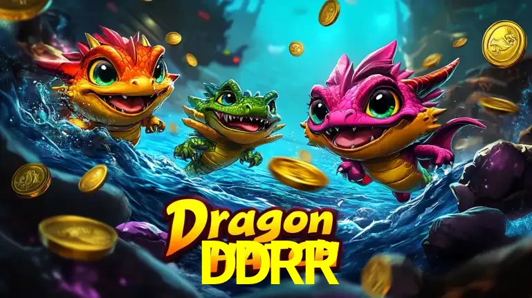 Arte promocional do jogo Dragon Hatch com três adoráveis dragões bebês nadando entre moedas de ouro, um dos slots mais divertidos para jogar no cassino DDRR.