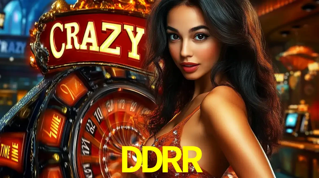 Mulher glamourosa olhando para a câmera com a roda vermelha do Crazy Time ao fundo em um ambiente de cassino, destacando a emoção dos jogos ao vivo no DDRR.