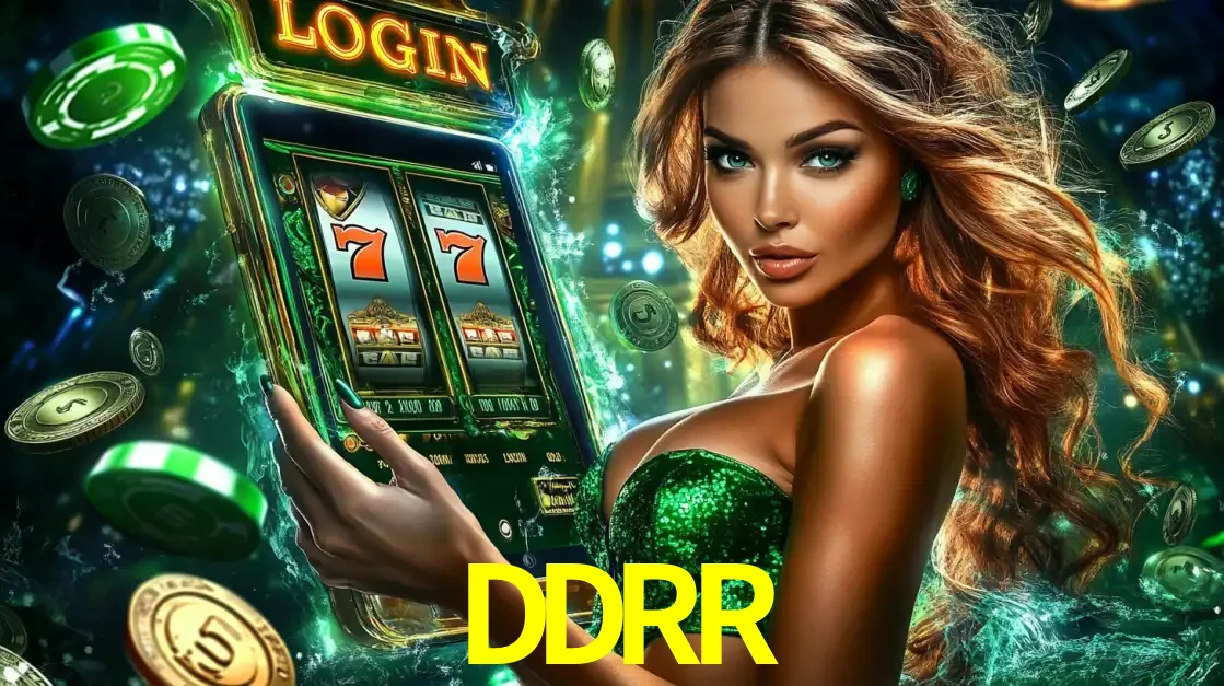 Mulher com tema verde apresentando o aplicativo do cassino DDRR com um jogo de slot de 777, cercada por fichas de cassino e uma aura de sorte.