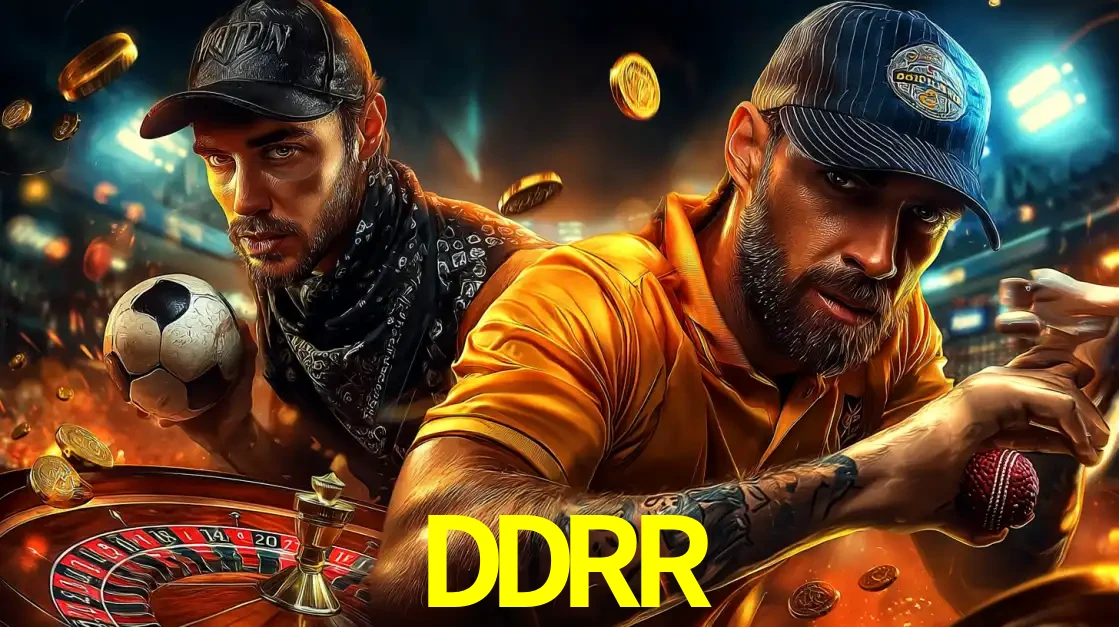 Montagem de apostas esportivas e cassino no DDRR, com um homem segurando uma bola de futebol e outro uma de beisebol sobre uma roleta e moedas voadoras.