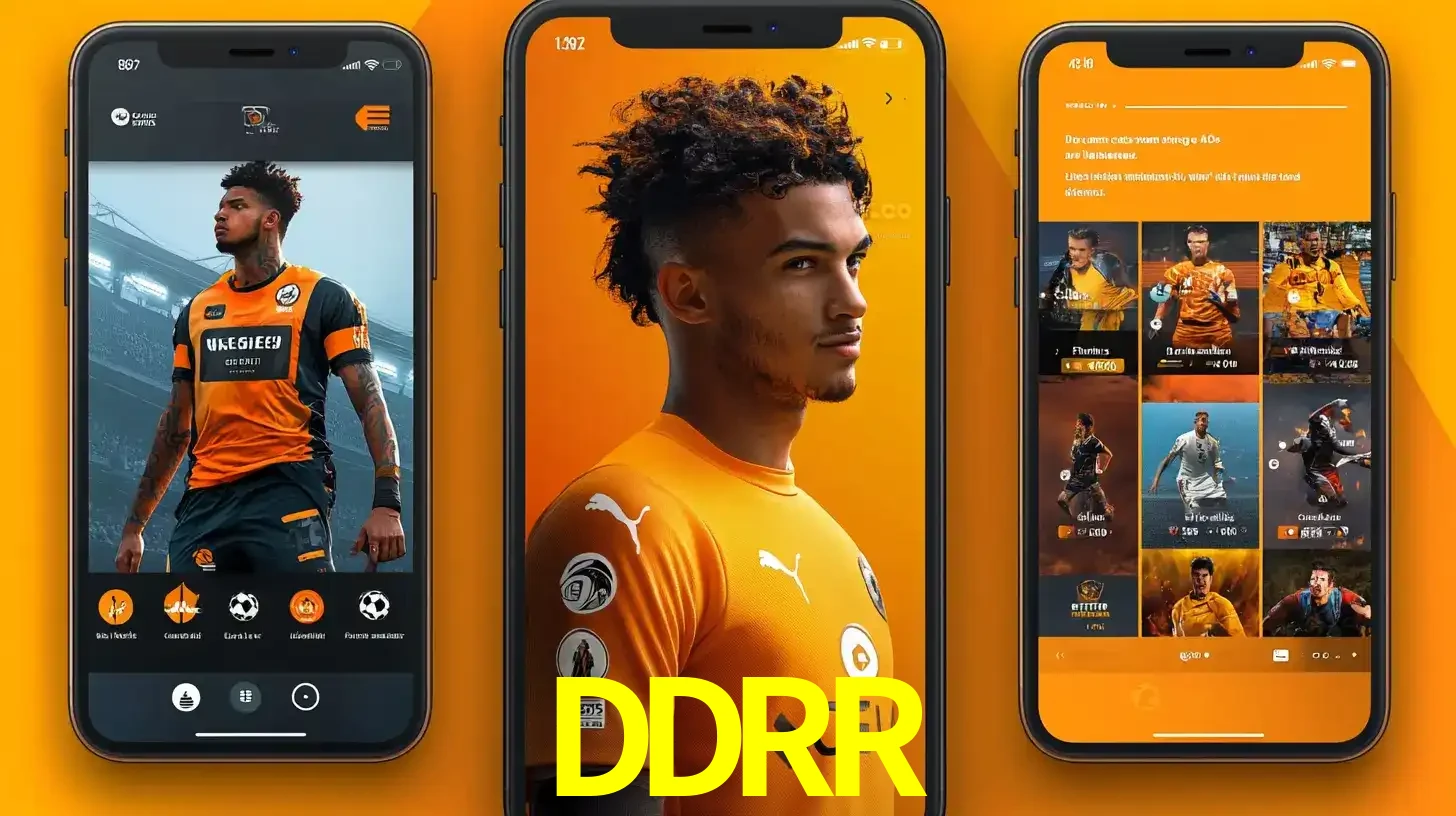 Interface do aplicativo de apostas esportivas DDRR em três telas de celular, mostrando o perfil de um jogador de futebol e a lista de jogos disponíveis para apostar.