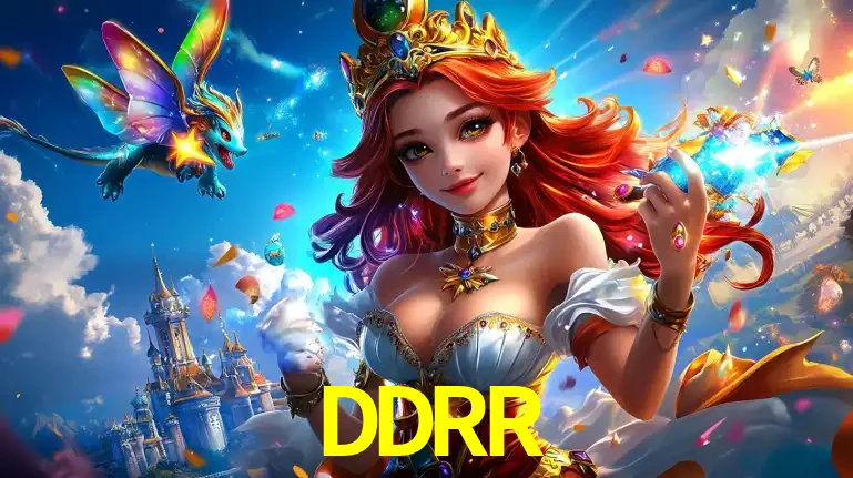 A princesa de um reino de fantasia mágico, com seu pequeno dragão, apresentando um mundo de prêmios encantados nos jogos de caça-níqueis do cassino DDRR.