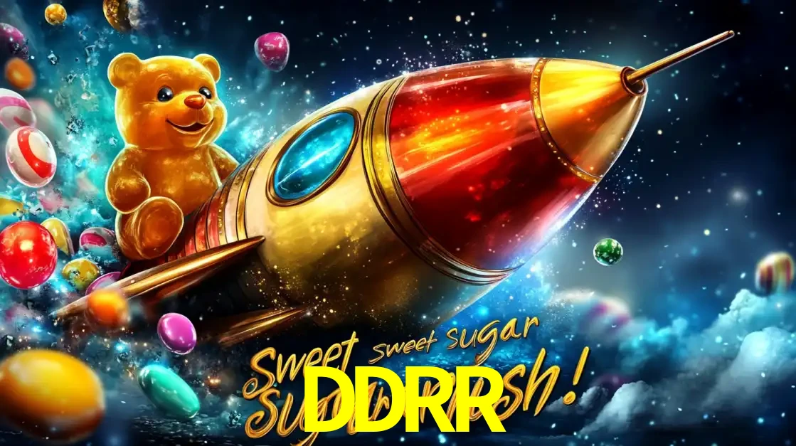 Arte promocional do jogo de slot Sugar Rush, com um urso de pelúcia em um foguete viajando pelo espaço de doces, um dos jogos divertidos disponíveis no cassino DDRR.