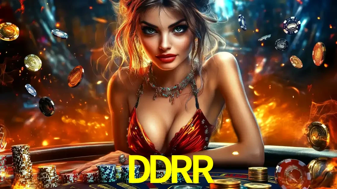 Mulher em uma mesa de cassino com pilhas de fichas e um fundo de fogo, pronta para uma rodada de altas apostas nos jogos de mesa emocionantes do cassino DDRR.