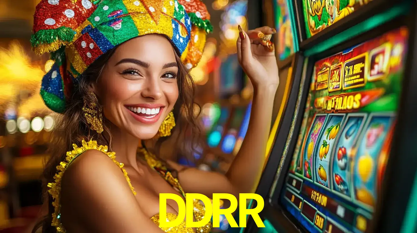 Mulher feliz com traje de carnaval amarelo e colorido ao lado de uma máquina de caça-níqueis, aproveitando a diversão e os jogos temáticos do cassino DDRR.