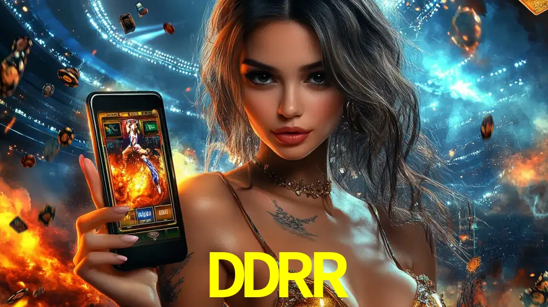 Mulher segurando um celular com um jogo de slot em destaque, tendo como fundo um estádio vibrante, simbolizando a emoção de jogar no cassino móvel DDRR.
