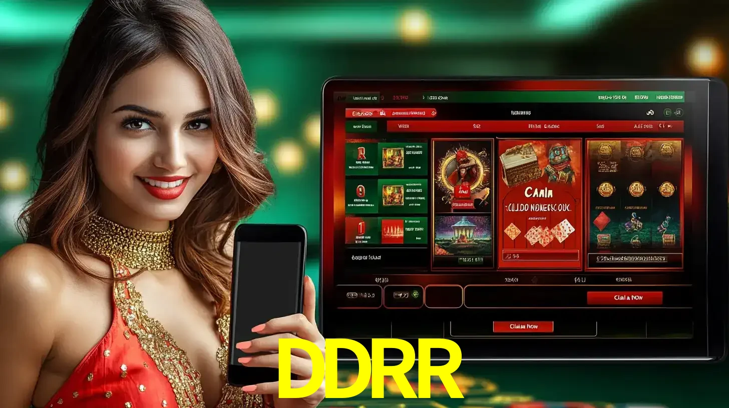 Mulher sorridente segurando um smartphone, ao lado de uma tela exibindo o lobby de jogos do cassino online DDRR, com várias opções de jogos de cartas e slots.